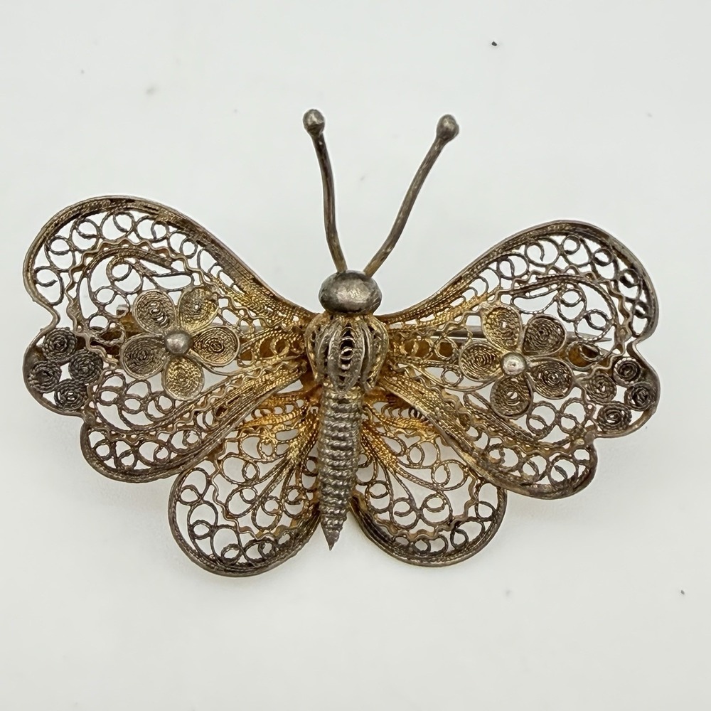 Antique Silver Filigree Butterfly Brooch Pin From Estate Read